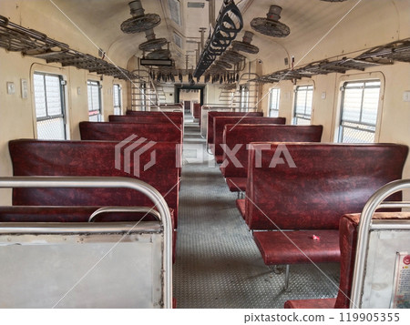 Indian passenger memu train interior. New general coach. Empty cabin of a modern passenger train. Empty blue seats inside train cabin, corridor view, no people. Indian passenger memu train interior. New general coach. Empty cabin of a modern passenger train. Empty blue seats inside train cabin, corridor view, no people. 119905355