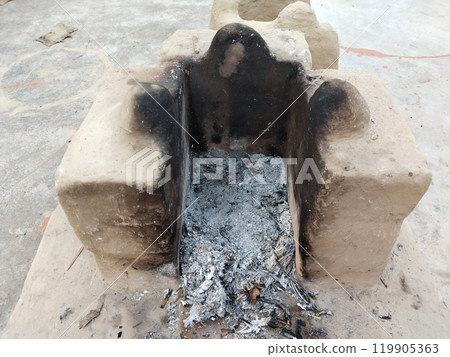 Rural kitchen. Traditional stoves used by residents in rural India, pakistan, Bangladesh, nepal, afganistan, Sri Lanka and undeveloped countries. made of clay, fueled with wood 119905363
