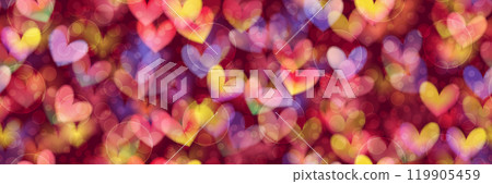 Bright festive heart shaped blurred sequin on dark red bg as neon bokeh seamless pattern 119905459