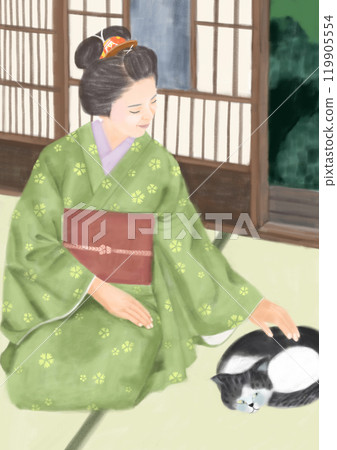 Woman with Japanese hairstyle playing with cat Woman with Japanese hairstyle playing with cat 119905554