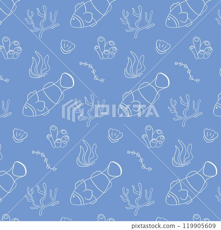 Seamless pattern with clownfish and coral in a linear style on a blue background. This underwater themed illustration is perfect for fabric, wallpaper and marine design. 119905609