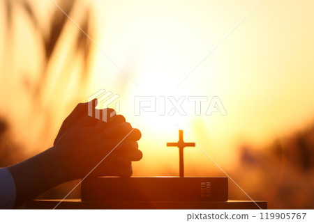 Christian praying with both hands together on the holy bible, autumn barley field sunset landscape, thanksgiving easter background 119905767