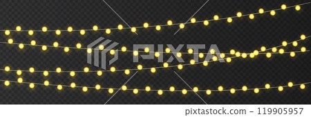 Festive Christmas light glowing garland string on dark background. Festive Christmas light glowing garland string on dark background. 119905957