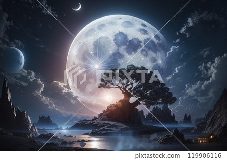 滿月和藍色閃亮滿月下的星空和夜空 119906116