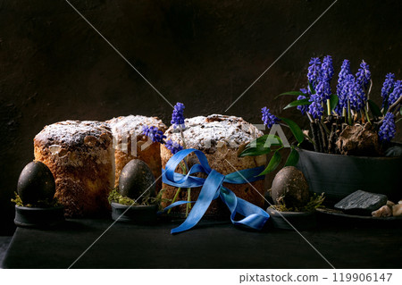 Homemade traditional Easter panettone cakes different size in row with colored black eggs, blossoming muscari flowers on black wooden table. Traditional Easter Italian bake, copy space Homemade traditional Easter panettone cakes different size in row with colored black eggs, blossoming muscari flowers on black wooden table. Traditional Easter Italian bake, copy space 119906147
