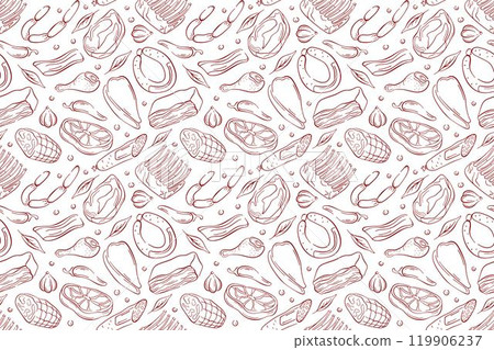 Seamless meat pattern in line art style with various meats on a white background. Include steak, sausage, ribs and vegetable. Ideal for culinary project, packaging or restaurant branding. 119906237