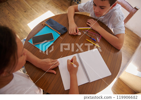 Mother and son doing homework together at a wooden table 119906682