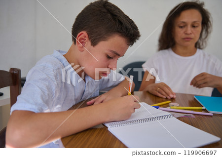Focused boy studying with a supportive teacher at home 119906697