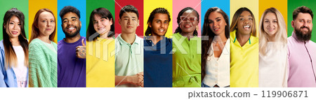 Banner. Striped photocollage of young diverse people showing positive energy against colorful background. Trendy colors. 119906871