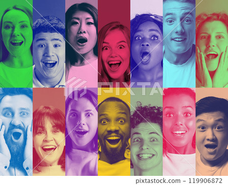 Unity and Diversity. Collage. Emotional young people, men and women looking at camera with different expression. Colorful monochrome. 119906872