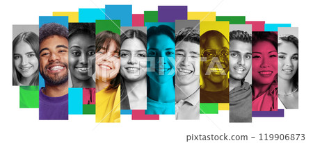 Collage. Close up portraits of men and women smiling and laughing, in vibrant and monochrome filters. 119906873