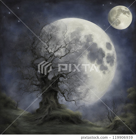 Full moon and tree towering in the night sky 119906939