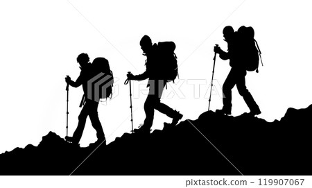 一組具有挑戰性的登山的剪影插圖 一組具有挑戰性的登山的剪影插圖 119907067