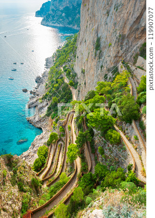 Capri, Italy from the Gardens of Augustus viewed over Via Krupp. 119907077