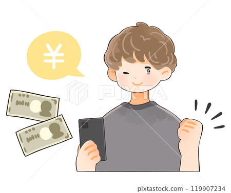 A young man holding money and a smartphone making a fist pump 119907234