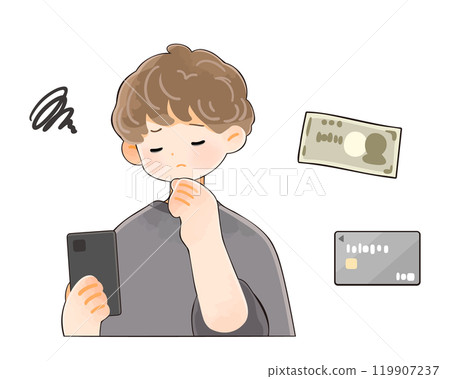 A young man with a smartphone worrying about money A young man with a smartphone worrying about money 119907237