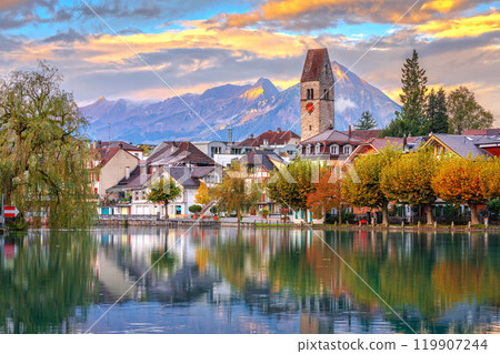 Interlaken, Switzerland on the Aare River at Dawn Interlaken, Switzerland on the Aare River at Dawn 119907244