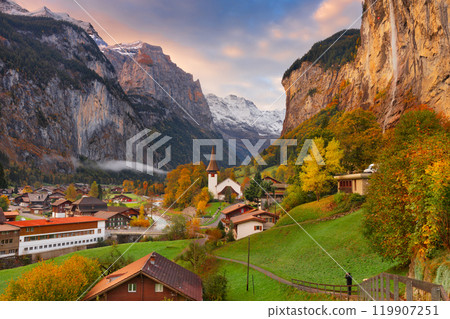 Lauterbrunnen, Switzerland on an Autumn Dawn 119907251