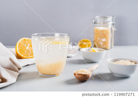 Drink for weight loss rice-zempic in a glass on the table 119907271