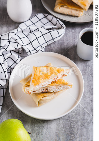 Cottage cheese and apple wrapped in fried lavash on a plate on the table vertical view Cottage cheese and apple wrapped in fried lavash on a plate on the table vertical view 119907292