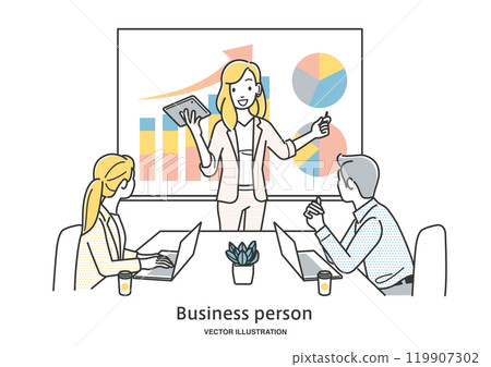 Female office worker giving a presentation Female office worker giving a presentation 119907302