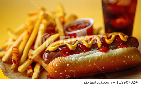 Hot dogs with ketchup, yellow mustard, fries and soda and french fries. Appetizing fast food Hot dogs with ketchup, yellow mustard, fries and soda and french fries. Appetizing fast food 119907324