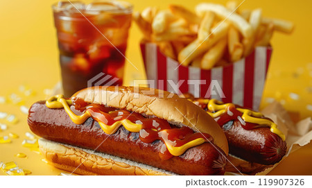 Hot dogs with ketchup, yellow mustard, fries and soda and french fries. Appetizing fast food 119907326