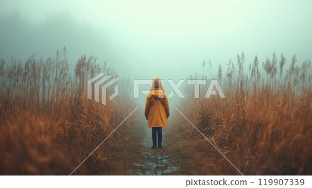 A lonely figure of a little girl in a yellow raincoat and rubber boots stands in tall autumn grass 119907339