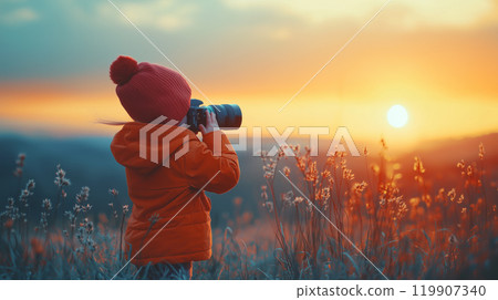 A child takes pictures of nature with her camera at sunset, dressed in warm and wearing a red hat 119907340