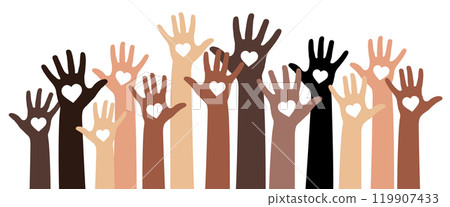 Many hands of different skin color and hearts shapes - diversity concept - vector illustration 119907433