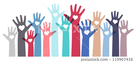 Many colorful hands and heart shapes - diversity concept - vector illustration 119907438