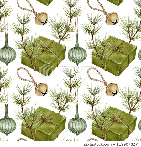 Christmas tree decoration, bell, and pine branch with Watercolor seamless pattern on white. Hand drawn illustration for New Year and winter holidays designs in realistic style. 119907827