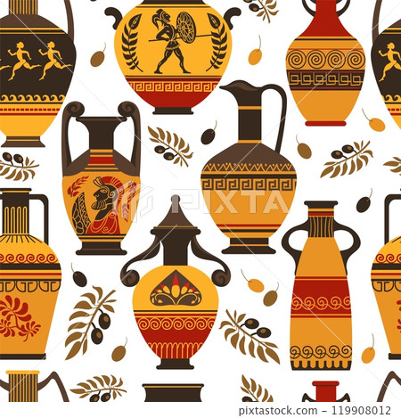 Cartoon Greek vases pattern. Ancient amphorae with traditional Hellenic ornament. Repeated print. Olive branch. Archaeological crockery. Roman earthenware. Splendid vector background Cartoon Greek vases pattern. Ancient amphorae with traditional Hellenic ornament. Repeated print. Olive branch. Archaeological crockery. Roman earthenware. Splendid vector background 119908012
