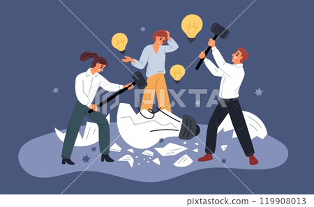 Creativity crisis. People team break light bulb. Imagination problem. Inspiration and motivation lack. Failed brainstorm. Teamwork failure. Persons hit hammers. Garish vector concept 119908013
