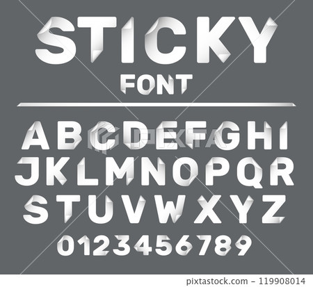Curved corners paper font. Foil sticker alphabet. Peeling ABC. White letters and numbers. Typography design. Rounded shapes with curled effect. 3D imitation. Vector alphabetical icons set 119908014