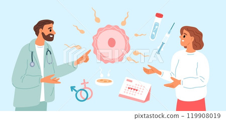 Family planning. Gynecologist advises woman. Conception preparation. Pregnancy, fertility and reproductive function. Doctors consultation. Prenatal examining. Garish vector concept Family planning. Gynecologist advises woman. Conception preparation. Pregnancy, fertility and reproductive function. Doctors consultation. Prenatal examining. Garish vector concept 119908019