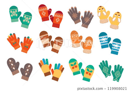 Knitted mittens and gloves. Winter warm accessories. Garment ornaments. Cozy patterns. Woolen hand wear. Cold season clothes. Arm soft wooly mitts. Palm apparel. Splendid vector set 119908021