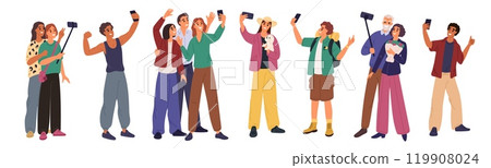 People take selfies. Friends groups. Couples making photos. Tourist or athlete taking photography of themselves with phones front camera. Persons shooting snapshots. Garish vector set People take selfies. Friends groups. Couples making photos. Tourist or athlete taking photography of themselves with phones front camera. Persons shooting snapshots. Garish vector set 119908024