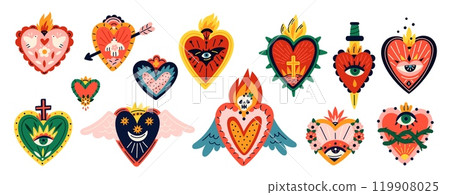 Sacred Mexican hearts. Traditional memorial symbols. Holy spiritual elements. Tattoo designs. Burning love icons with eyes. Spiritual fire flame. Religion cross and knife. Garish vector set 119908025