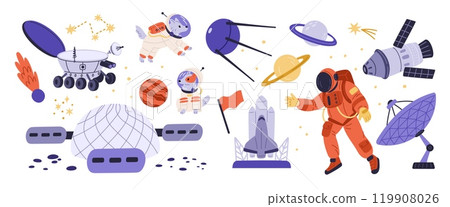 Space exploration objects. Transport and scientific moon rovers. Cosmic satellite antennas. Universe rocket shuttle. Dogs and man in spacesuit. Galaxy planets discovery. Garish vector set 119908026