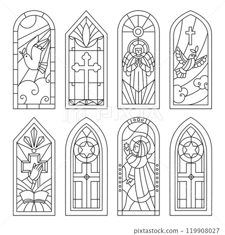Stained glass outline patterns. Arched windows. Religious buildings elements. Mosaic biblical story. Orthodoxy chapel. Christianity architecture. Gothic windowsill. Garish vector set Stained glass outline patterns. Arched windows. Religious buildings elements. Mosaic biblical story. Orthodoxy chapel. Christianity architecture. Gothic windowsill. Garish vector set 119908027