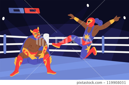Wrestling show. Sport championship. Athletes fight at ring. Mexican luchadores in color traditional costumes and masks. Fighters battle. Lucha Libre competition. Garish vector concept Wrestling show. Sport championship. Athletes fight at ring. Mexican luchadores in color traditional costumes and masks. Fighters battle. Lucha Libre competition. Garish vector concept 119908031