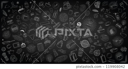 Set of restaurant doodles - food and drinks - on chalkboard background Set of restaurant doodles - food and drinks - on chalkboard background 119908042
