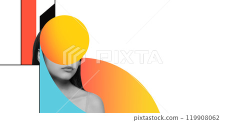 Black-and-white portrait with vibrant yellow and turquoise geometric elements overlapping face on white background. Contemporary art collage. Black-and-white portrait with vibrant yellow and turquoise geometric elements overlapping face on white background. Contemporary art collage. 119908062