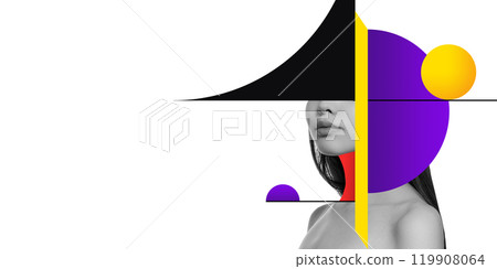 Monochrome portrait of woman with abstract purple and black shapes against white background. Contemporary art collage. Monochrome portrait of woman with abstract purple and black shapes against white background. Contemporary art collage. 119908064
