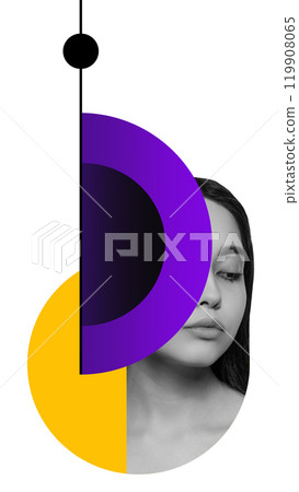 Half-face portrait of woman combined with purple and yellow geometric overlay against white background. Contemporary art collage. 119908065