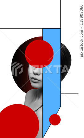 Monochrome portrait of woman with red circular shapes overlapping her face with blue elements on white background. Contemporary art collage. Monochrome portrait of woman with red circular shapes overlapping her face with blue elements on white background. Contemporary art collage. 119908066