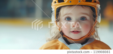 Close-up of young girl, child with striking blue eyes, wearing yellow hockey helmet on ice rink. Early dedication and passion for sports. 119908081