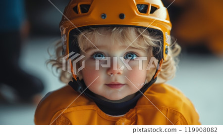Close-up of young child with striking blue eyes, wearing hockey helmet on ice rink. Early dedication and passion for sports. Close-up of young child with striking blue eyes, wearing hockey helmet on ice rink. Early dedication and passion for sports. 119908082