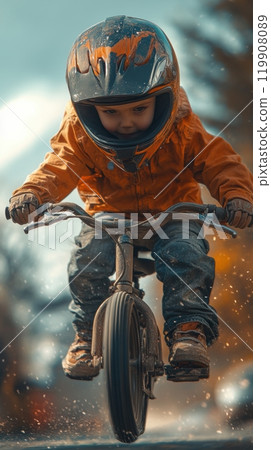 Dynamic shot of young boy riding his bike outdoors, equipped with helmet and protective gear, embodying adventure and excitement 119908089